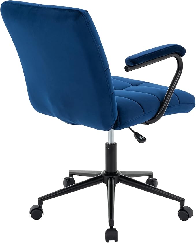 Velvet Home Office Desk Chair, Upholstered Adjustable Swivel Task Chair with Wheels, Tufted Mid-Back Computer Chair with Arms, for Study Living Room Vanity (Blue, Black Base)