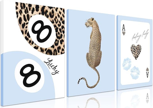 Trendy Leopard Canvas Wall Art Set of 3,Blue Cheetah Y2k Wall Decor Paintings,Funky Lucky You 8 Ball Posters Prints Pictures for Girls Room Dorm Apartment Living Room Home Decor 12x16 Inch Framed