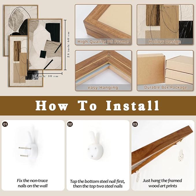 BINCUE Abstract Modern Wall Art Decor Framed Neutral Painting Prints Artwork for Living Room Bedroom 16x24 Inch Set of 3