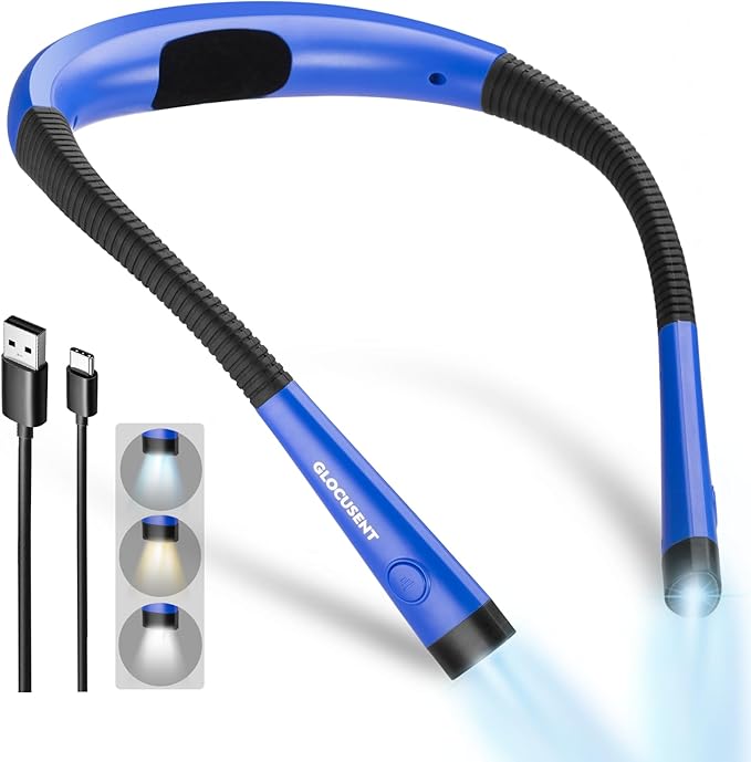 Glocusent Book Light, 3-Color & 6-Brightness Reading Light, Bendable Neck Light, 80-hr Lasting Rechargeable Book Light, Perfect Reading Lights for Books in Bed, Knitting, Repairing, Book Lovers Gifts