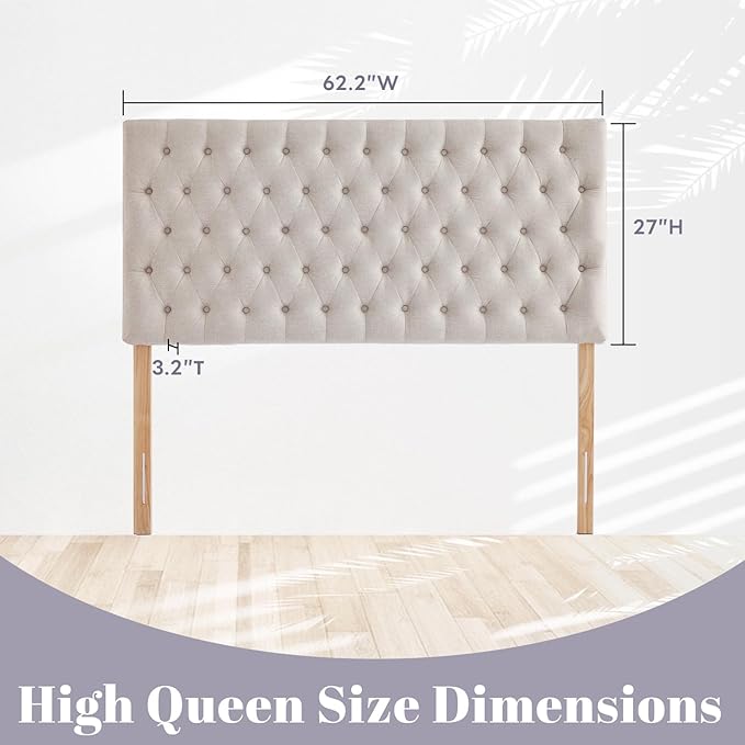 Kingfun Upholstered Queen Headboard Only, Premium Linen Button Tufted Headboards, Adjustable Solid Wood Head Board, Padded Headboard with Solid Wood Legs in Bedroom (Beige)