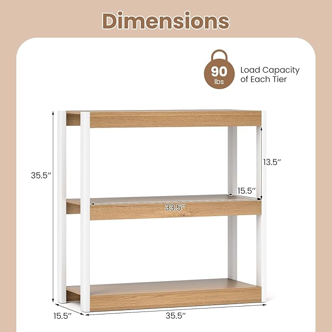 Giantex 3 Tier Bookshelf, Freestanding Wooden Bookcase with Dual Anti-Tipping Kits, Open Display Rack Shelving Unit, Storage Organizer for Living Room, Bedroom & Study (1,Natural & White)