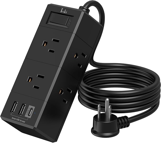5Ft Extension Cord Flat Plug Power Strip - Tcstei 3-Side Outlet Extender with 6 AC Outlets and 3 USB Ports (1 USB C), Compact for Home, Office, Dorm Room Essentials, Black