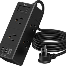 5Ft Extension Cord Flat Plug Power Strip - Tcstei 3-Side Outlet Extender with 6 AC Outlets and 3 USB Ports (1 USB C), Compact for Home, Office, Dorm Room Essentials, Black