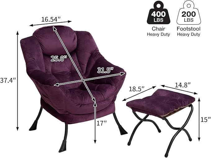 HollyHOME Lazy Chair with Foldable Ottoman, Accent Comfy Lounge Armchair and Folding Footrest Stool, Leisure Sofa Reading Chair and Footstool for Living Room, Bedroom, Dorm,Velvet Purple