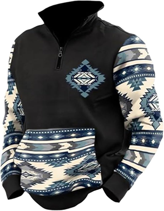 Western Sweatshirts for Men Aztec Cowboy Vintage Graphic Fleece Hoodie Mens Quarter Zip Pullover Country Jacket