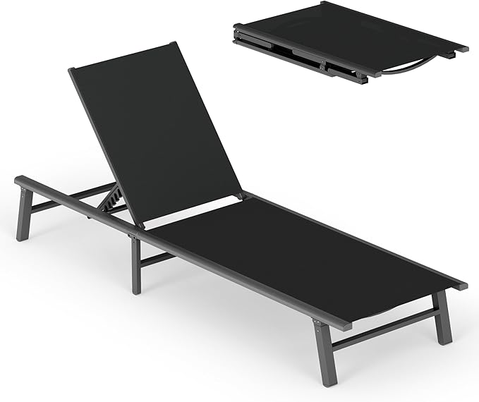 Ciokea Upgraded Aluminum Outdoor Lounge Chair - No Assembly Needed, Foldable Patio Chaise Lounge with 5 Adjustable Positions, Reinforced Frame for Extra Durability, Pool Beach Lounge Chair,Black