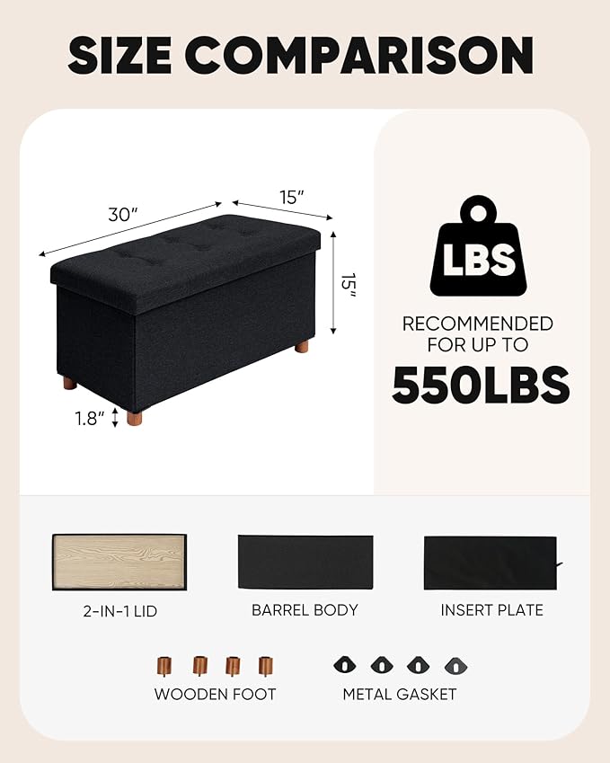 B FSOBEIIALEO Storage Ottoman with Tray, Foot Stools and Ottomans with Legs, Storage Cube Seat Linen Black 30"