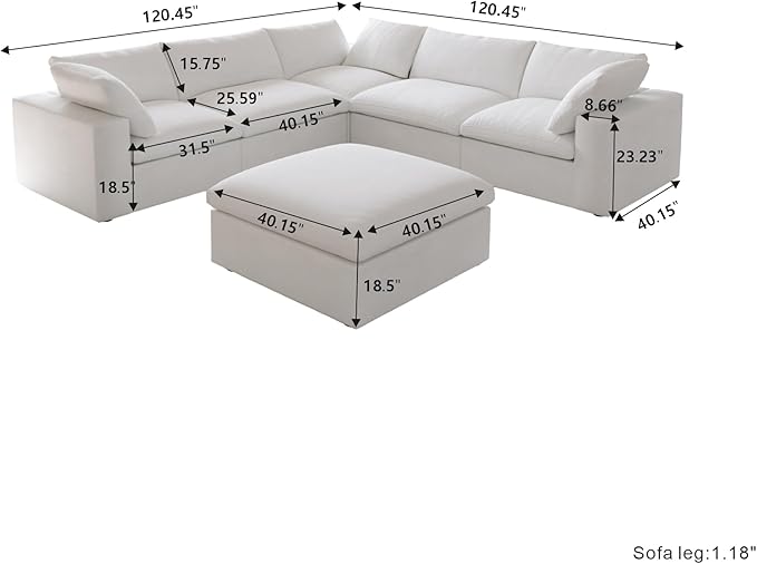 Cloud Modular Sectional Sofa Couch,Oversized Couch 6 Seater for Living Room,160.6" V Shaped Convertible Couches with Storage Ottoman, Covers Washable&Replaceable,White