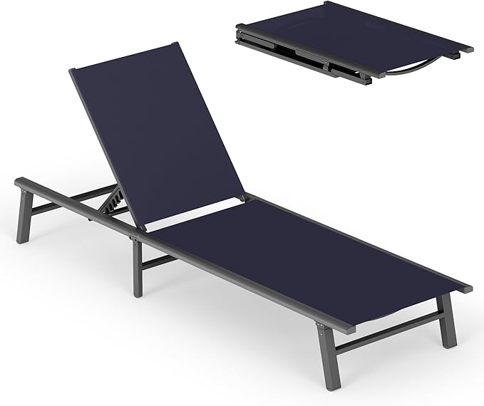 Ciokea Upgraded Aluminum Outdoor Lounge Chair - No Assembly Needed, Foldable Patio Chaise Lounge with 5 Adjustable Positions, Reinforced Frame for Extra Durability, Pool Beach Lounge Chair, Navy Blue