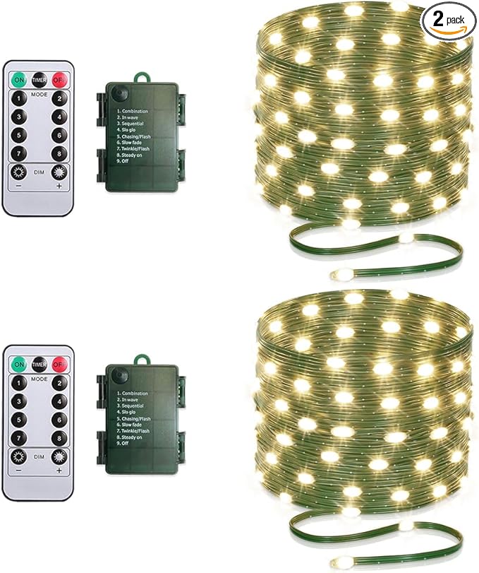 Battery Operated String Lights (2 Pack), 16.5ft 50 LED Fairy String Lights Battery Powered with Remote & Timer for Indoor Outdoor Christmas Trees Wreath Decoration Bedroom Patio - Warm White