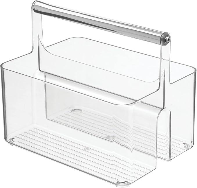 mDesign Plastic Shower Caddy Storage Organizer Utility Tote, Divided Basket Bin - Metal Handle for Bathroom, Dorm, Kitchen, Holds Soap, Shampoo, Conditioner - Aura Collection - Clear/Chrome