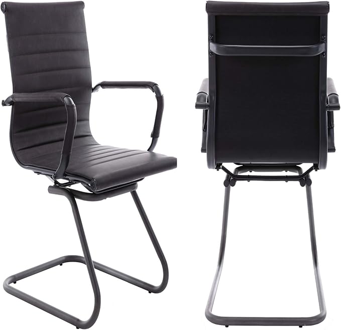 Office Reception Chairs No Wheels Leather Conference Chairs Back Support Guest Chair, Set of 2 (Vintage Charcoal)