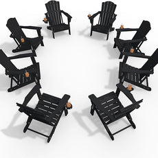 Adirondack Chair Set of 8, Folding All-Weather Outdoor HDPE Patio Chair with Cup Holder, Black