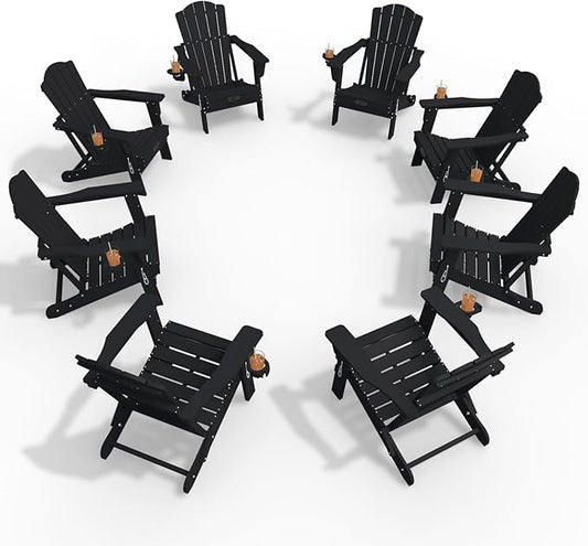 Adirondack Chair Set of 8, Folding All-Weather Outdoor HDPE Patio Chair with Cup Holder, Black