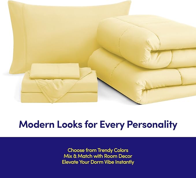 Dorm Room Essentials College Bedding Comforter Set 5 Piece Twin XL Size Bed in a Bag for College Students Boys and Girls, Twin XL, Yellow