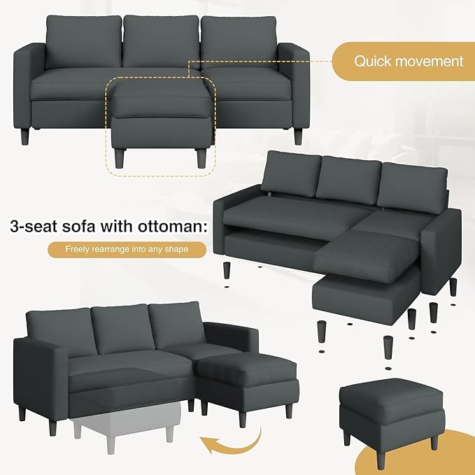 JAMFLY 3-Seat Convertible L-Shaped Sectional Sofa with Reversible Ottoman, Upholstered Fabric Couch for Small Living Rooms, Modern Modular Couch for Apartment, Studio & Loft, Grey