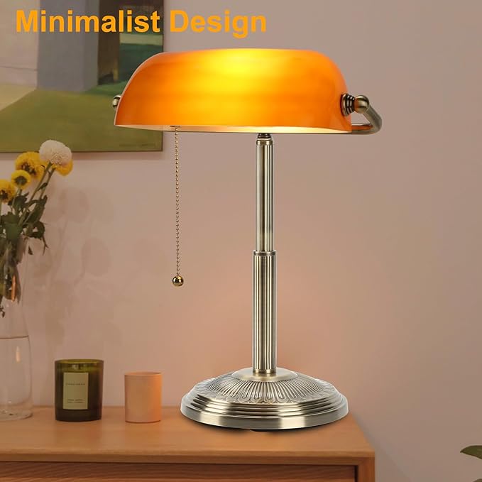 LINNMON Bankers Desk Lamp, Amber Retro Lamp, Vintage Lamp with Pull Chain Switch for Home Office (Brass+Amber)