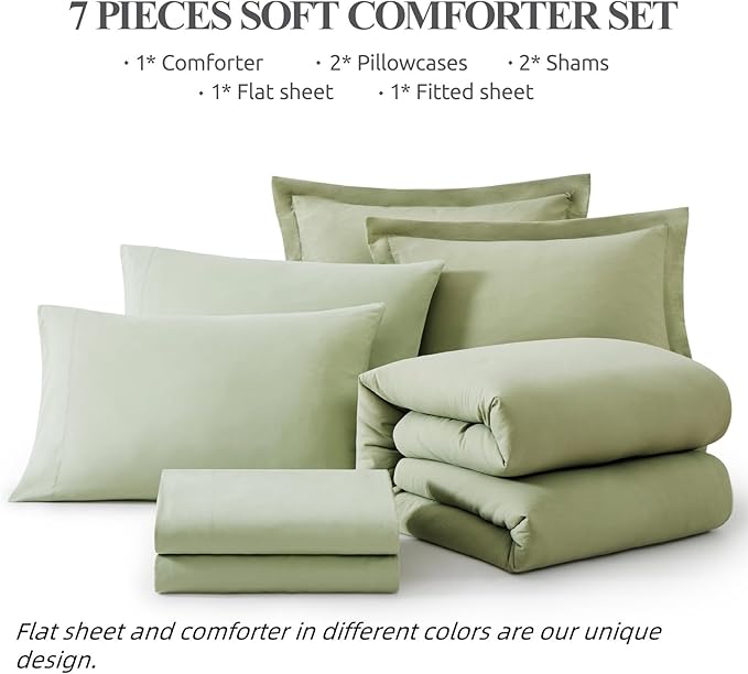 WRENSONGE King Size Comforter Set- 7 Pieces Soft Sage Green Bed in a Bag King with Fitted Sheet, Flat Sheet, 2 Pillow Shams, and 2 Pillowcases- Warm Bed Set for All Season