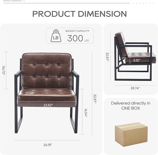 COLAMY Mid Century Modern Accent Chair, Comfy Living Room Chairs, Brown Leather Accent Chair, Faux Leather Reception Armchair with Metal Legs for Living Room Bedroom Reception Waiting Room, Brown