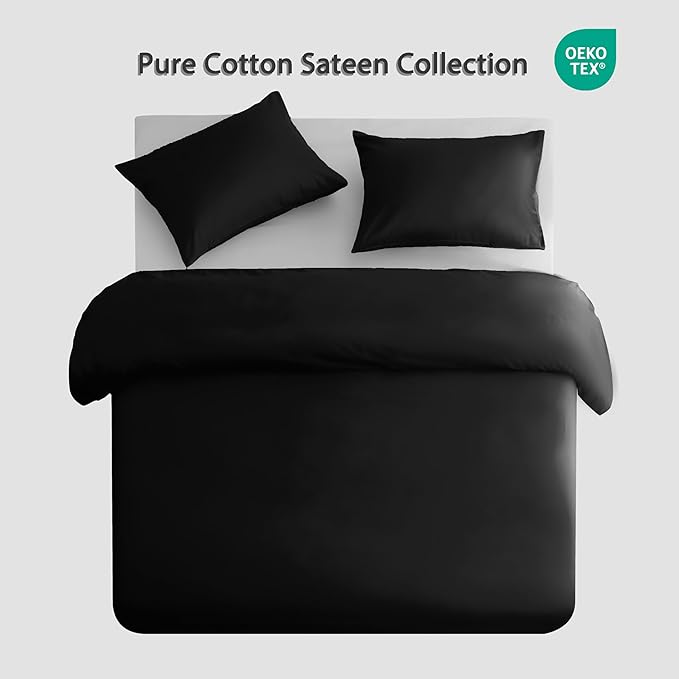 HeimenAogo Egyptian Cotton Duvet Cover Queen Size Sateen Weave, Silky Soft and Breathable Bedding Set with Zipper Closure, Long Staple Cotton Bed Linen Moonless Night Black 3Pcs