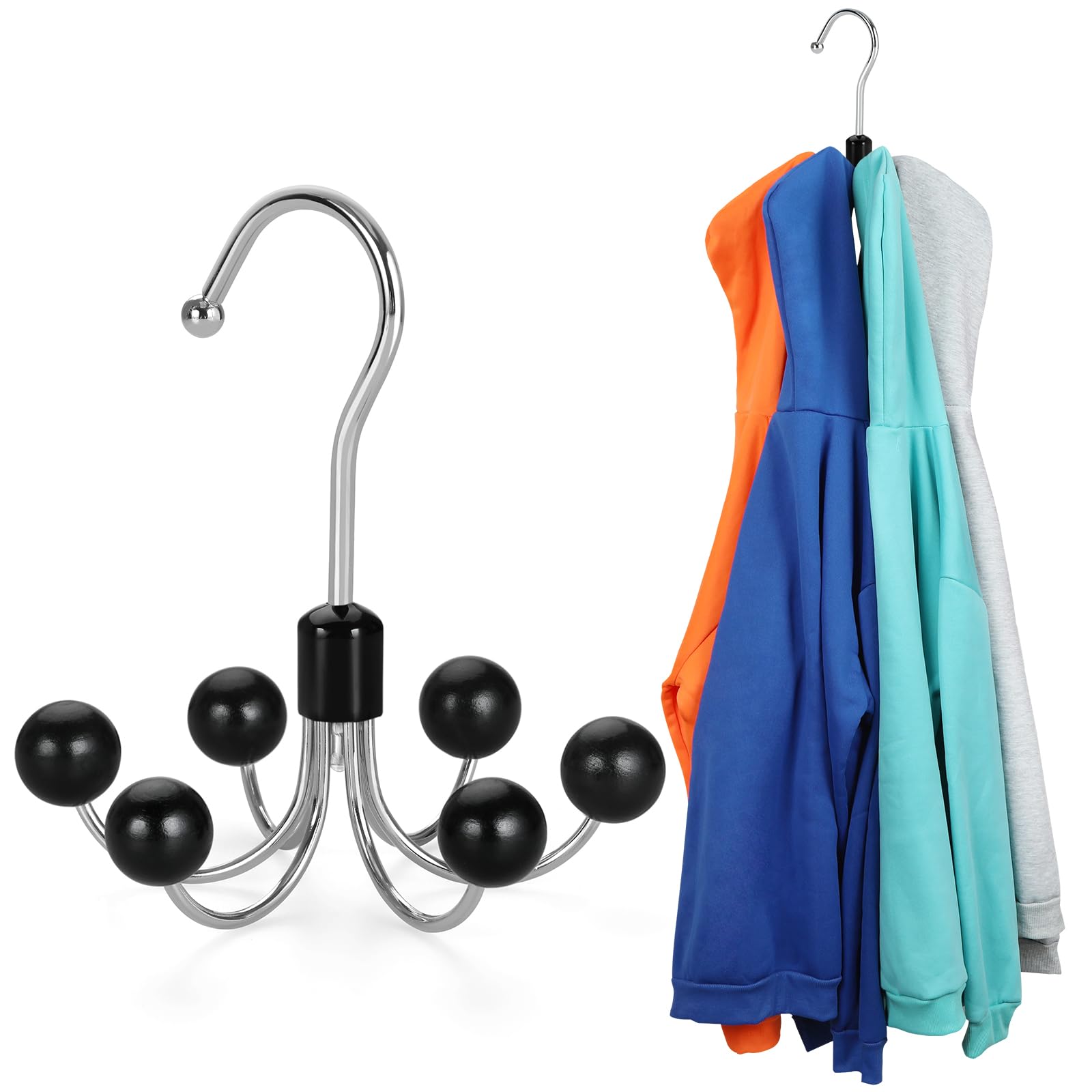 TOPIA HANGER Hoodie Hangers with 6 Wood Balls, 360°Swivel Purse Hanger, Scarf Hanger, Closet Hooks, Handbag Organizer, Bra Hanger, Accessory Organizers for Scarf, Tanktop, Hat, Hoodie CT56W