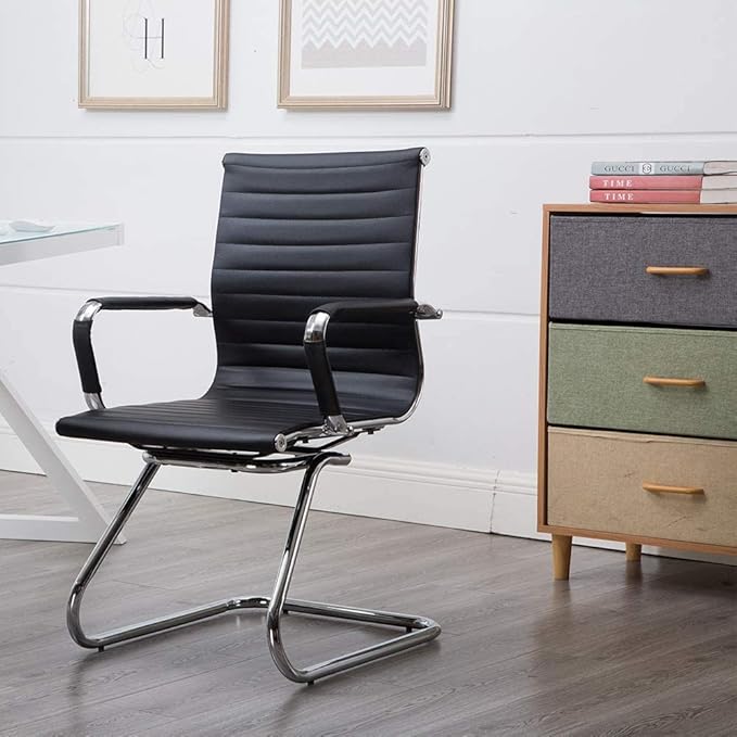 Black Office Desk Chair No Wheels Set of 6 PU Leather Computer Chairs Mid Back Guest Chairs for School Reception Conference Waiting Room, Black