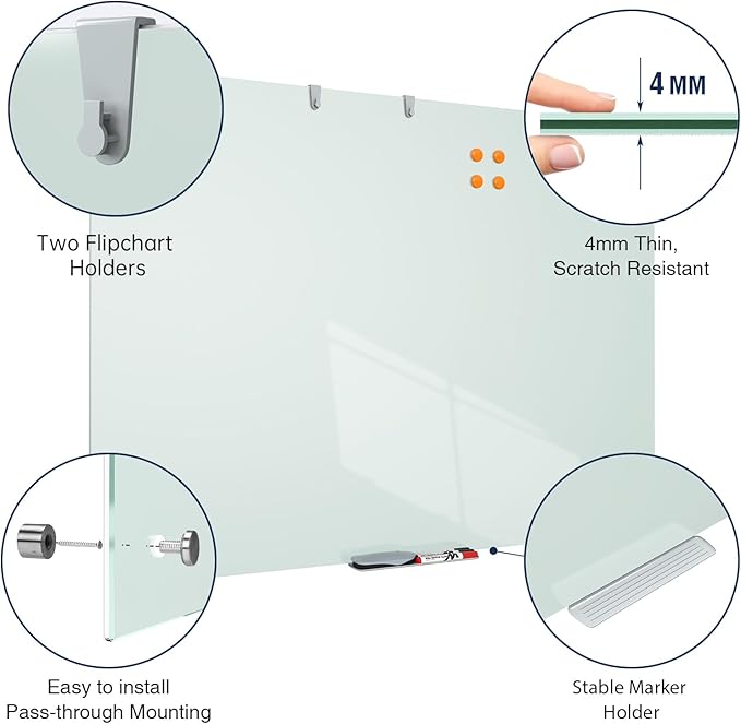 TSJ OFFICE Glass Dry-Erase Board - 48 x 30 Inches Wall Mounted Magnetic Whiteboard, Large Frameless Glass White Board for Office, Home & School
