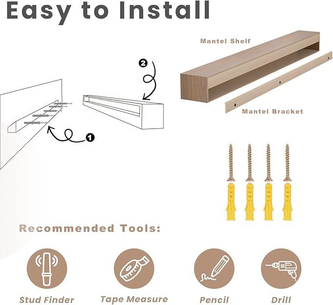 Fireplace Mantel Shelf 48 X 8 X 6 Inch, Handcrafted Solid Mantel for Over Fireplace, 6 Inch Thick Wall Mounted Floating Fireplace Mantel, Real Wood