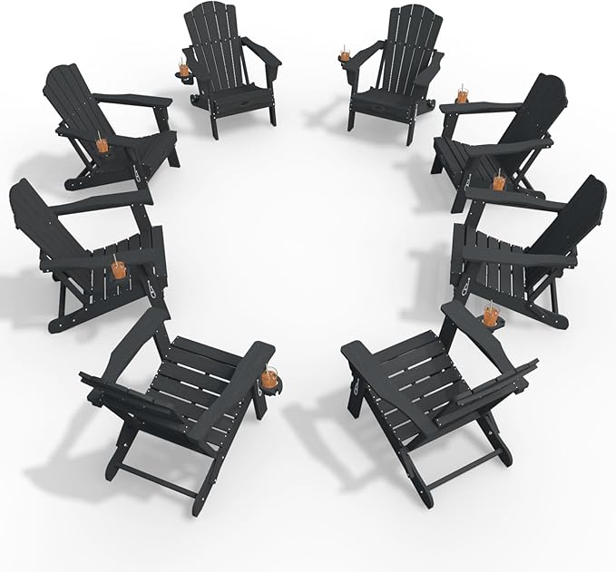Adirondack Chair Set of 8, Folding All-Weather Outdoor HDPE Patio Chair with Cup Holder, Grey