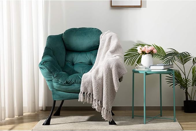 HollyHOME Lazy Chair with Armrest and Side Pocket, Comfy Accent Lounge Chair,Leisure Sofa Armchair for Living Room, Bedroom, Dorm, or Small Spaces, Oversized Reading Sofa Chair,Velvet Dark Atrovirens