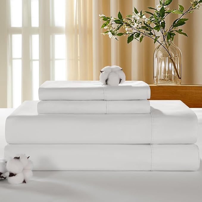 LBRO2M 100% Cotton Sheets Set Deep Pocket 19", 1000 Thread Count California King Size 4 Piece Bed Sheet Sets Soft Comfortable Bedding All Season (California King, White) LBRO2MBedding