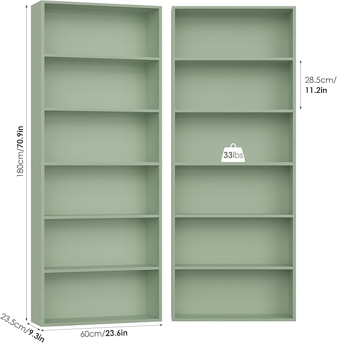 FOTOSOK 6-Tier Open Bookcase and Bookshelf Set of 2, Freestanding Display Storage Shelves Tall Bookcase for Bedroom, Living Room and Office,Green