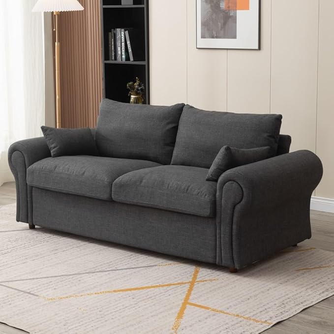 Panana Modern 2 and 3 Seats Loveseat Sofa Couch with Storage, Small Love Seat Couches for Living Room, Bedroom, Apartment, Office (Dark Gray Linen Fabric, Ruched Arm - 3 Seater)