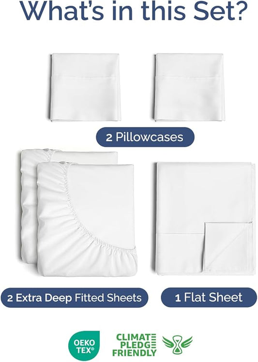Extra Deep Pocket Split King Sheets - 5 Piece Breathable & Cooling Bed Sheets - Hotel Luxury Bed Sheet Set - Soft, Wrinkle Free & Comfy - Easily Fits Extra Deep Mattresses - Deep Pocket White Sheets
