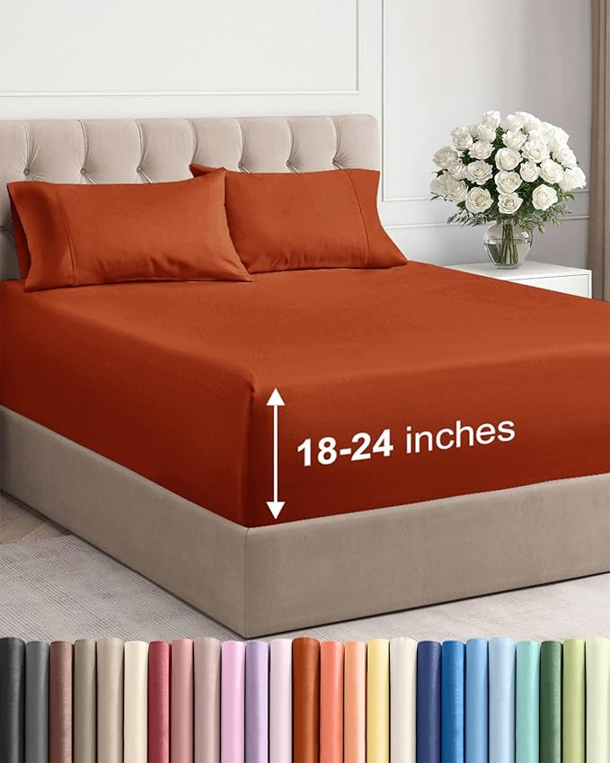 Extra Deep Pocket Cal King Sheets - 4 Piece Breathable & Cooling Bed Sheets - Hotel Luxury Sheet Set - Soft, Wrinkle Free & Comfy - Easily Fits Extra Deep Mattresses - Deep Pocket Terracotta Sheets