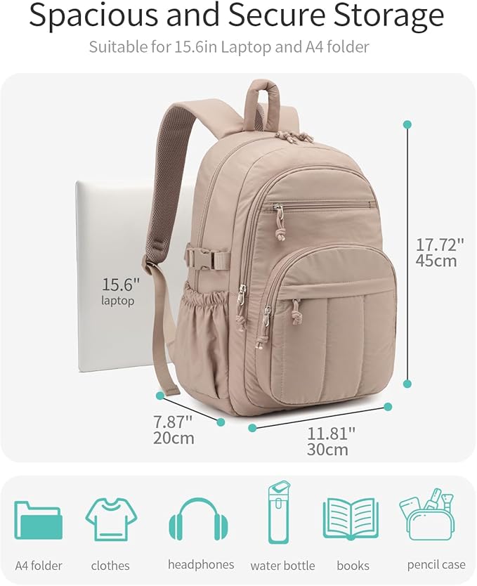 Backpack for Women, Quilted Laptop Bookbag with Pouch Pockets for College Work Travel Gym Teacher Nurses, Puffer High School Backpack for Girls, Camel