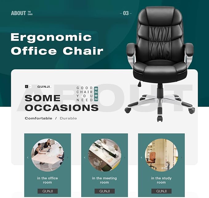 GUNJI Office Chair PU Leather High Back Executive Chair Ergonomic Computer Chair, Modern Adjustable Home Desk Chair Swivel Managerial Chair with Padded Armrests and Lumbar Support (Black)
