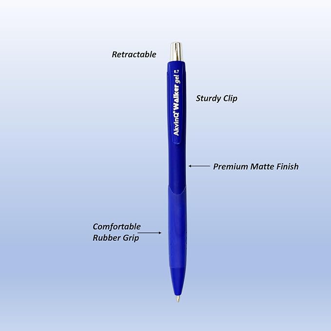 AKVINQ® Walker Gel Pens 12-Pack | 0.7mm Medium Point | Retractable Gel Ink Pen | Premium Matte Finish | Blue Ink | Smudge-Resistant | Comfortable Rubber Grip | Office & School Writing (Blue)