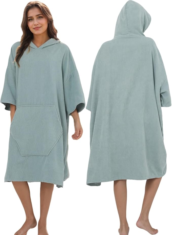 Surf Poncho Hooded Beach Towel, Quick Dry Terry Cloth, Extra Large Changing Robe with Pockets for Adults, Unisex Grass Tail Green Cover-Up for Swim, Bath, Beach, Gift for Swimmer Lovers