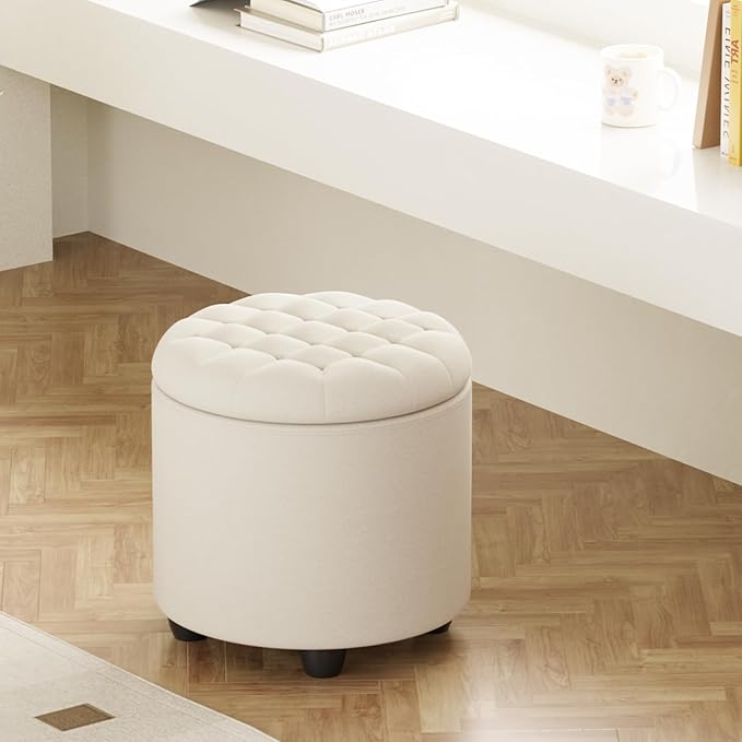 Furniliving Modern Round Storage Ottoman,Button Tufted Ottoman Foot Stools Ottoman Footstool with Removable Lid Storage Ottoman for Living Room, Bedroom, Makeup Room，Beige
