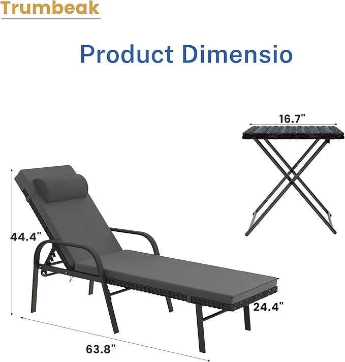 Patio Chaise Lounge Set 3 Pieces Pool Lounge Chairs,Cushioned Outdoor Folding Lounge Chair w/Arm and Rattan Adjustable Backrest for Poolside Porch,Folding Table Included,Grey