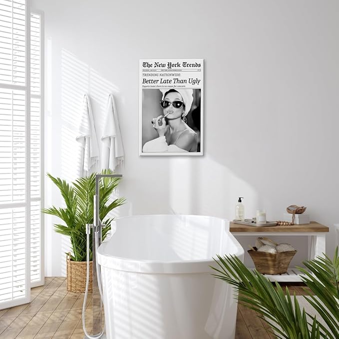 New York Trends Wall Art Black and White Newspaper Better Late Than Ugly Poster Canvas Prints Funky Feminist Posters Trendy College Wall Decor for Bar Cart Girl Dorm Room Bathroom Decorative 16x24inch Framed