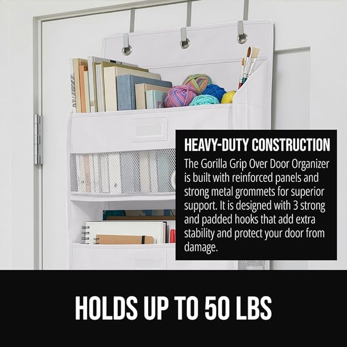 GORILLA GRIP Large Capacity Closet Organizer, 5 Deep Shelves, Holds 50lbs, Over the Door Organizers 6 Mesh Pockets, Shelf Storage for Clothes Crafts Dorm Essentials, 3 Metal Hooks, 58x15 Inches, White
