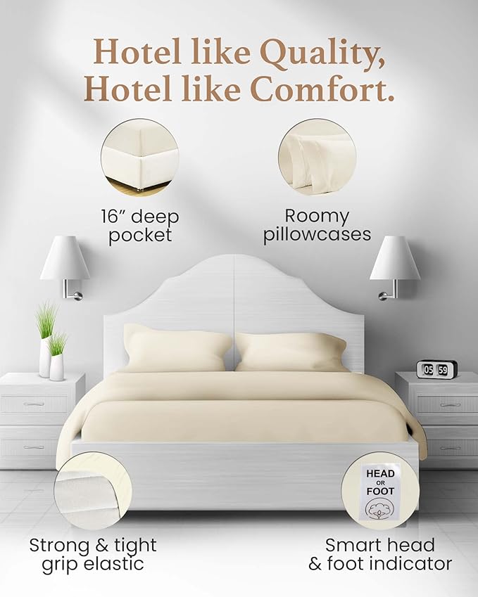 Good Sleep Bedding Split King Sheets Sets for Adjustable Bed Cotton, Luxury Sheets, Egyptian Cotton, 5 Piece Cotton Split King Sheet Set, Sateen Sheets, 2 Fitted - 16" Deep Pocket, Ivory GoodSleepBedding