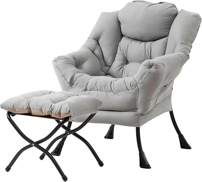 Tiita Lazy Chair with Ottoman, Modern Large Accent Lounge Armchair, Comfy Leisure Sofa Reading Chair with Footrest for Bedroom, Living Room, Dorm Rooms, Garden and Courtyard, Light Grey