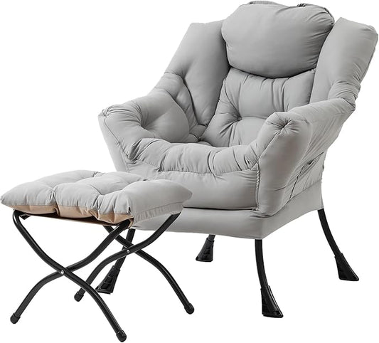 Tiita Lazy Chair with Ottoman, Modern Large Accent Lounge Armchair, Comfy Leisure Sofa Reading Chair with Footrest for Bedroom, Living Room, Dorm Rooms, Garden and Courtyard, Light Grey