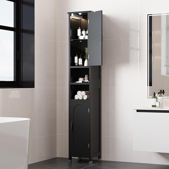 67" Tall Bathroom Storage Cabinet with Lights, Slim Narrow Bathroom Cabinet Organizer with Doors and Adjustable Shelves, Tall Cabinet for Small Space (66.9" Tall-Black with Light, 1 Pack)