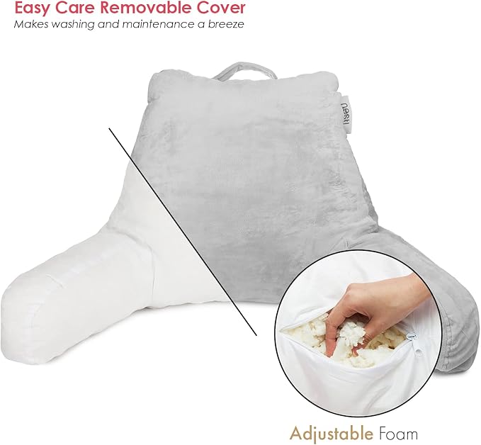 Nestl Reading Pillow with Shredded Memory Foam, Designed for Sitting Up in Bed and Couch, Back and Arms Adjustable Support for Adult & Teens Backrest Pillows for Reading with Washable Cover Light Grey