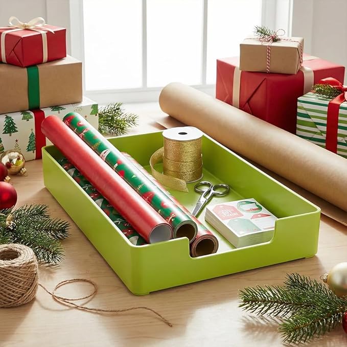 Letter-Size Tray, 2 PCS A4 Plastic Stackable Paper Tray, Desk Drawer Organizer for Office, School, Home Storage, and Storage Containers for Christmas Ornaments, Gift Wrap (2X Green)